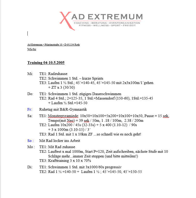 Triathlon Trainingsplan von Michael Hofmann erstellt 2005