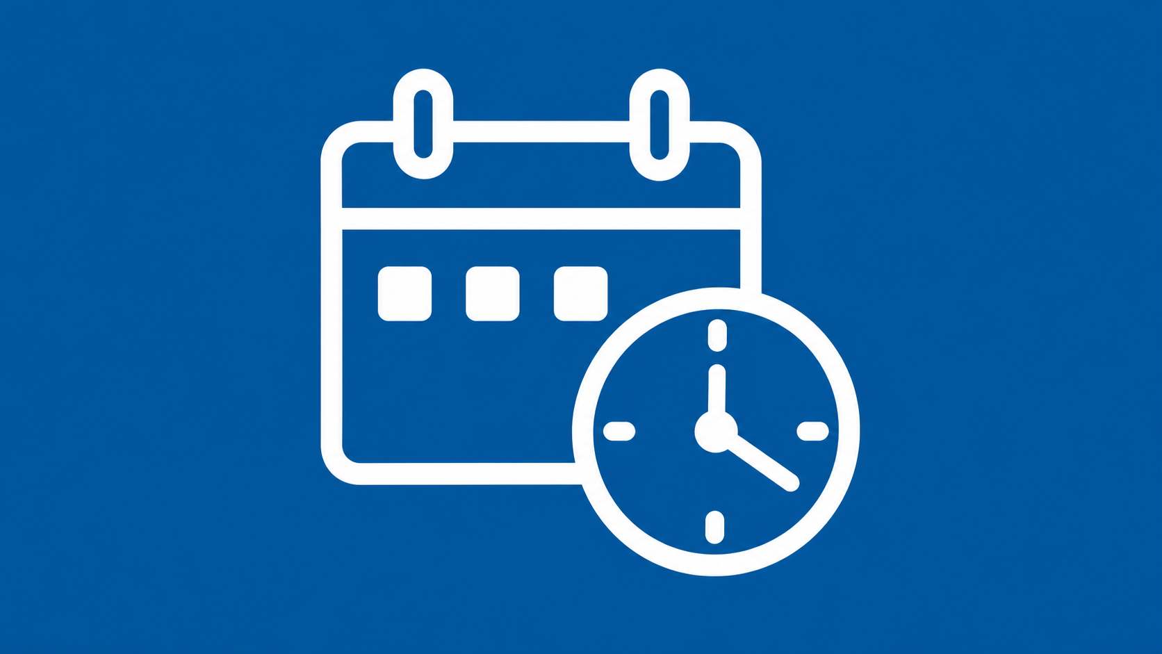 weißes Piktogramm mit Kalender und Uhr auf blauen Hintergrund